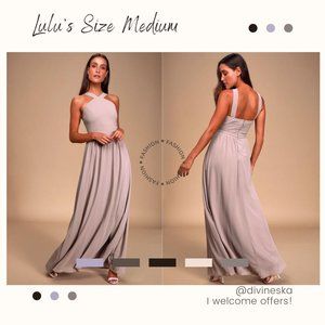 LULU'S Air of Romance Taupe Maxi Dress Gown Halter Neck Flowy Prom Wedding Med